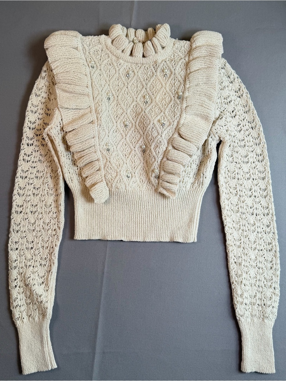Zara Women’s szS Cream Ruffle Cable Knit Turtleneck Sweater Rhinestones Pearls